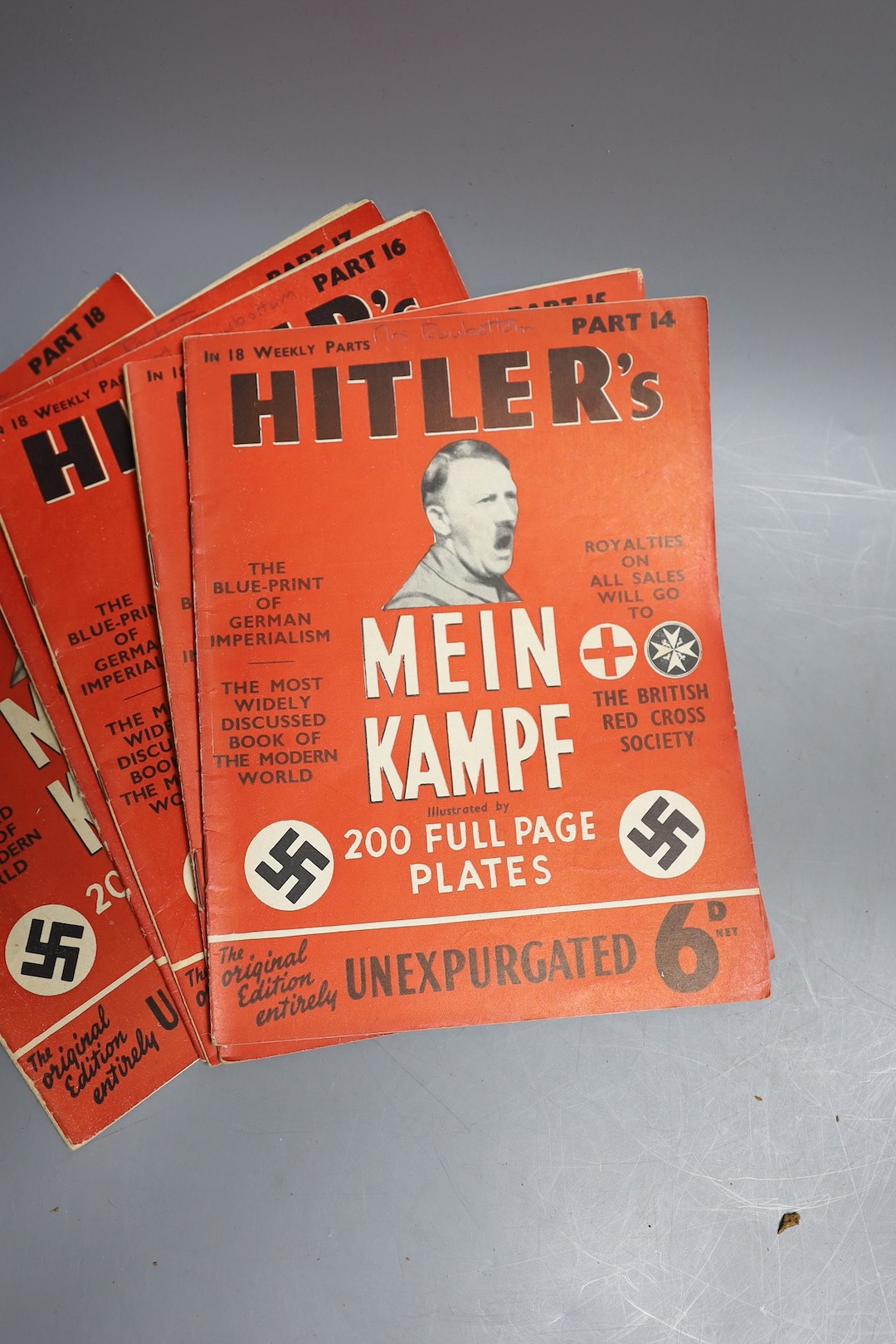 Hitler, Adolf - Mein Kampf. Unexpurgated Edition (English) in the original 18 weekly parts. num.illus.; publisher's col. pictorial wrappers, sm.4to. Hutchinson / Hurst & Blackett, (1939)